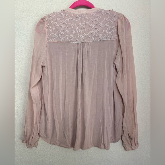 Tiny Anthropologie Blush Pink Embroidered Chiffon Long Sleeve Peasant Blouse S - Picture 11 of 12